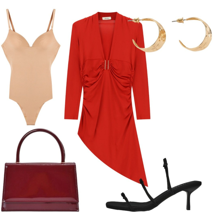 Outfit donna - Cena vista mare : glamour. Stile Glamour per Serata fuori. Abbinamento con orecchini, vestiti asimmetrici, sandali col tacco, body, borse a mano.
