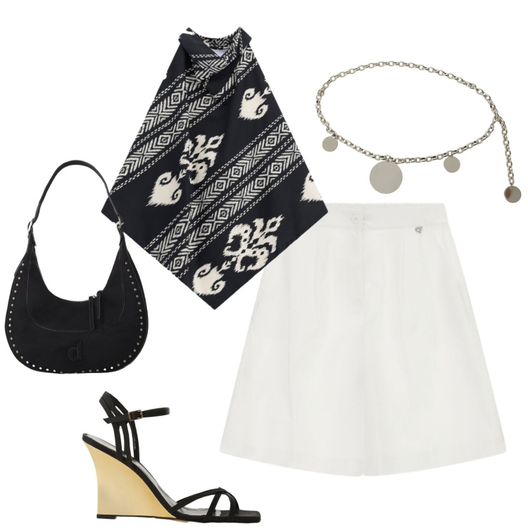 Outfit donna - Summertime. Stile Casual chic per Tutti i giorni. Abbinamento con top, borse a spalla, cinture, sandali col tacco, shorts.