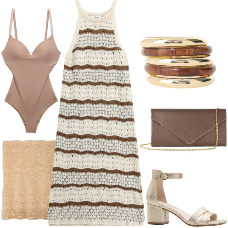 Outfit donna - Cena vista mare. Stile Boho per Serata fuori. Abbinamento con sandali col tacco, body, vestiti midi/longuette, stole, braccialetti, clutch.