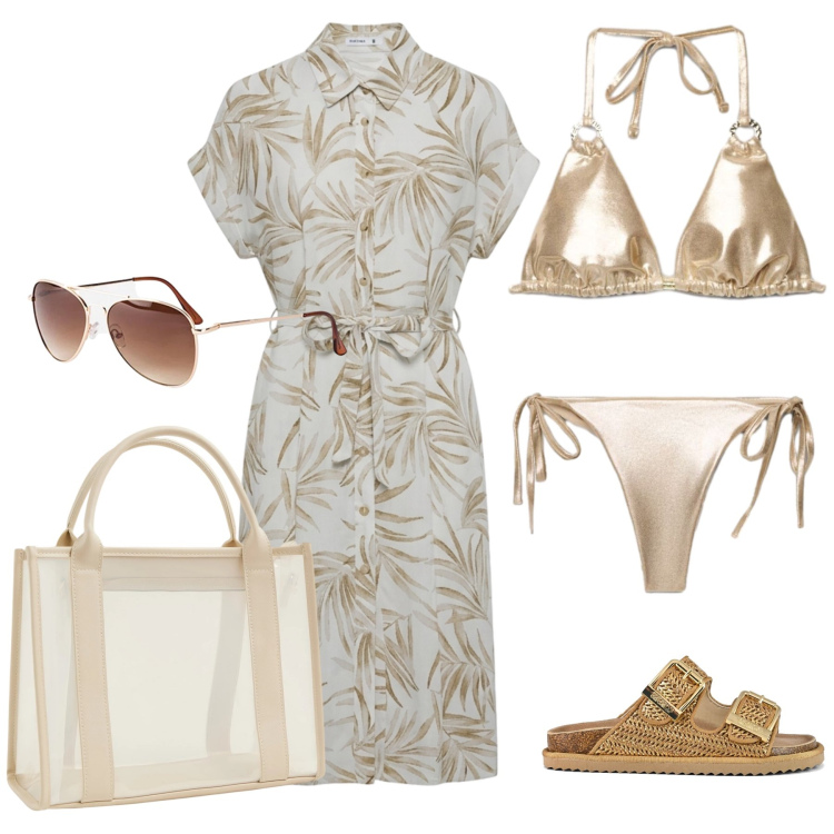 Outfit donna - Ferragosto gold. Stile Glamour per Mare. Abbinamento con occhiali da sole, vestiti chemisier, borse tote, bikini, bikini, sandali.