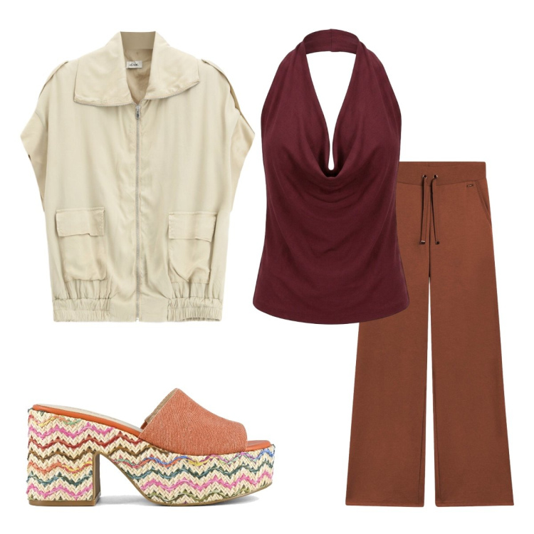 Outfit donna - Agosto. Stile 70s per Serata fuori. Abbinamento con gilet, canottiere, pantaloni, sandali col tacco.