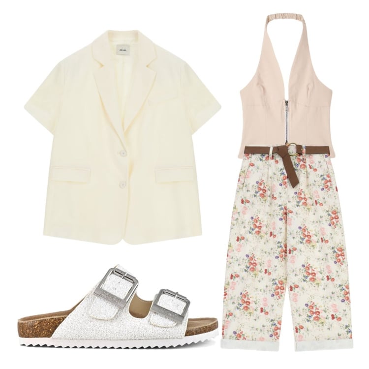 Outfit donna - Ufficio agosto. Stile Romantica per Ufficio. Abbinamento con top, pantaloni a palazzo, blazer, sandali.