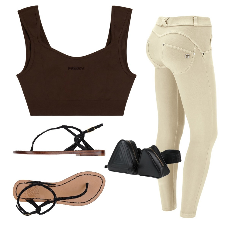 Outfit donna - Agosto. Stile Sporty chic per Tutti i giorni. Abbinamento con marsupi, infradito, pantaloni skinny, top sportivi.
