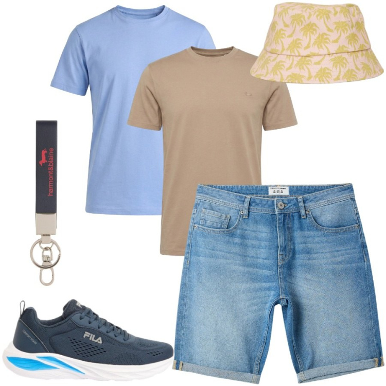 Outfit uomo - Total look #2451860. Stile Trendy per Tutti i giorni. Abbinamento con sneakers, t-shirt, t-shirt, portachiavi, bermuda, cappelli con visiera.