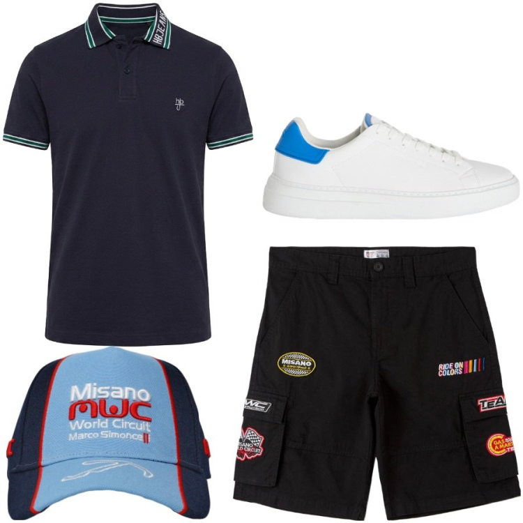 Outfit uomo - Total look #2451861. Stile Trendy per Tutti i giorni. Abbinamento con sneakers, polo, bermuda, cappelli.
