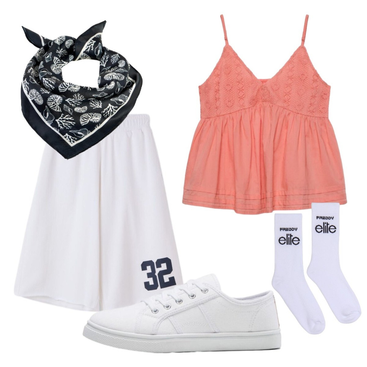 Outfit donna - Agosto. Stile Sporty chic per Tutti i giorni. Abbinamento con sneakers, foulard, canottiere, bermuda, calzini.