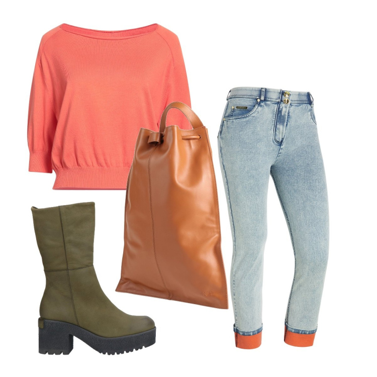 Outfit donna - A lavoro. Stile Casual per Ufficio. Abbinamento con zaini, stivaletti, pullovers, jeans dritti.