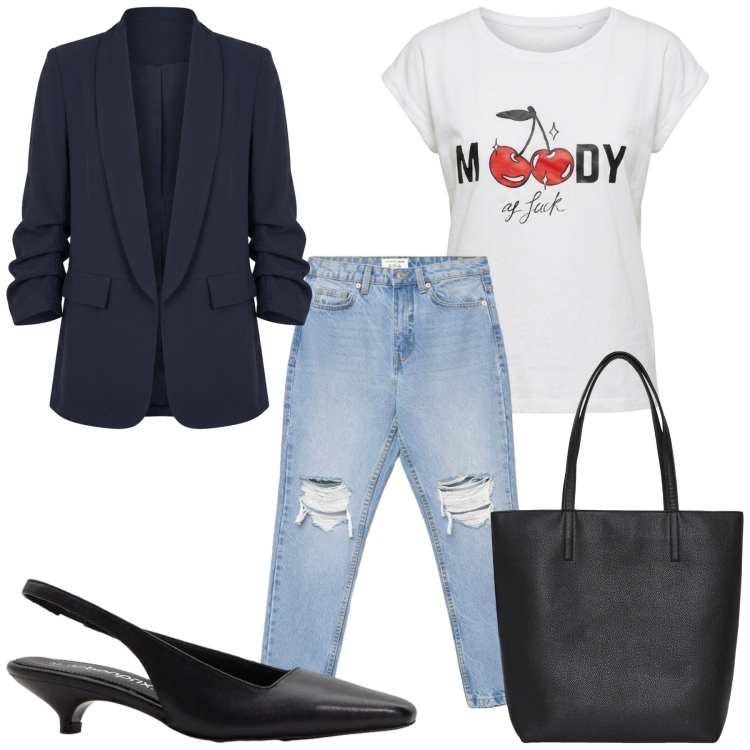 Outfit donna - Total look #2451872. Stile Casual chic per Ufficio. Abbinamento con décolleté, jeans mom, borse tote, t-shirt, blazer.