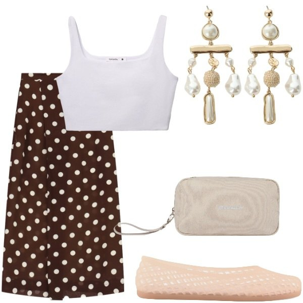 Outfit donna - Estate. Stile Casual chic per Tutti i giorni. Abbinamento con gonne lunghe, orecchini, canottiere, valigie, ballerine.