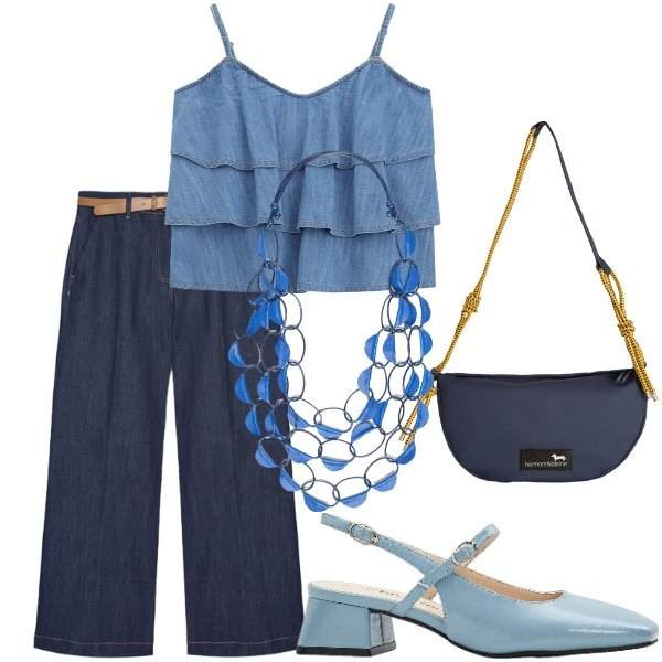 Outfit donna - Estate. Stile Casual per Serata fuori. Abbinamento con décolleté, borse a tracolla, top, jeans, collane.
