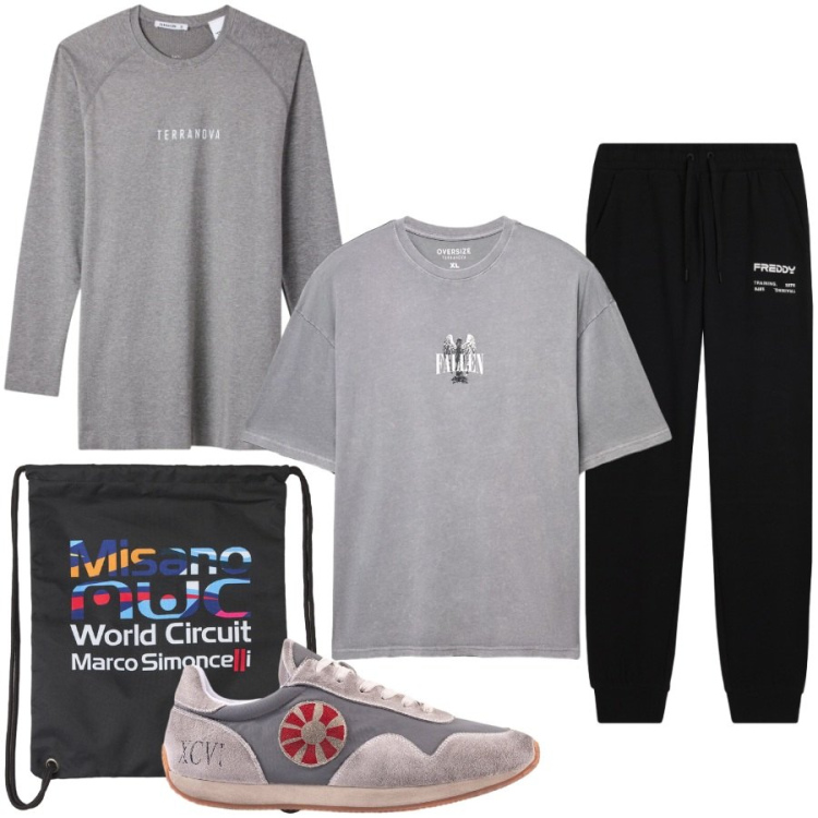 Outfit uomo - Total look #2451876. Stile Casual per Sport. Abbinamento con borse sportive, t-shirt, t-shirt sportive, sneakers, pantaloni.