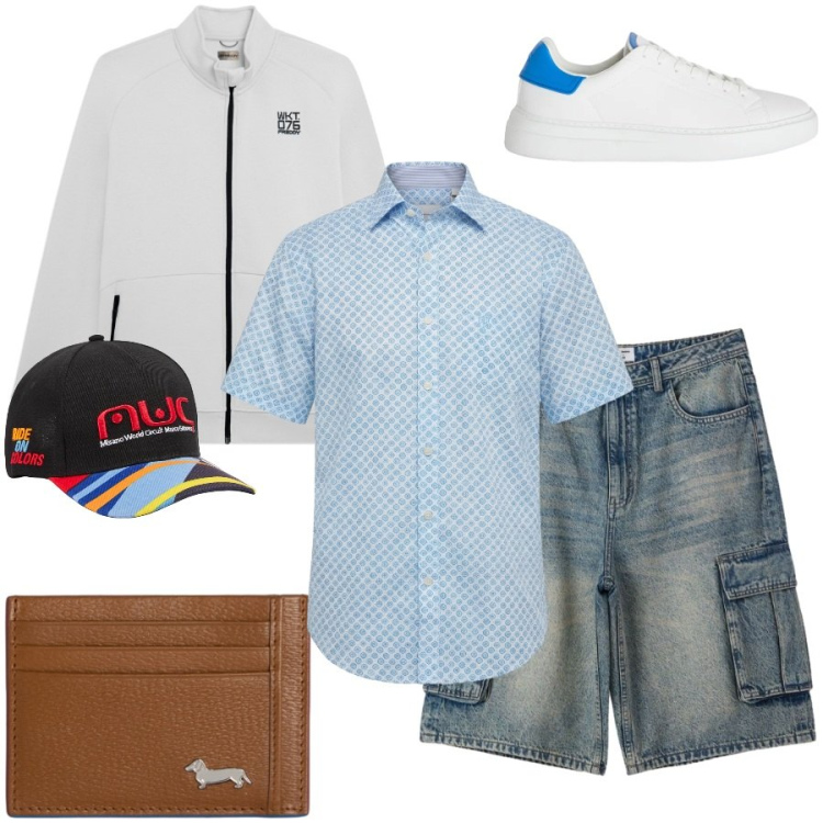 Outfit uomo - Total look #2451878. Stile Trendy per Tutti i giorni. Abbinamento con camicie a manica corta, sneakers, portafogli, cappelli con visiera, pantaloni corti, felpe.