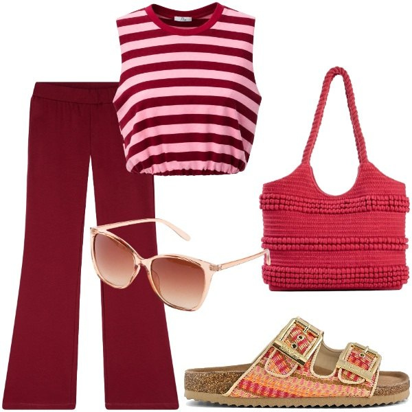 Outfit donna - Estate. Stile Casual per Tutti i giorni. Abbinamento con occhiali da sole, shopping bag, leggings, top, sandali.
