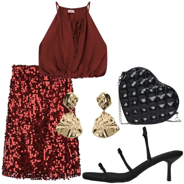 Outfit donna - Compleanno in villa. Stile Glamour per Serata fuori. Abbinamento con orecchini, top, gonne longuette, borse a tracolla, sandali col tacco.