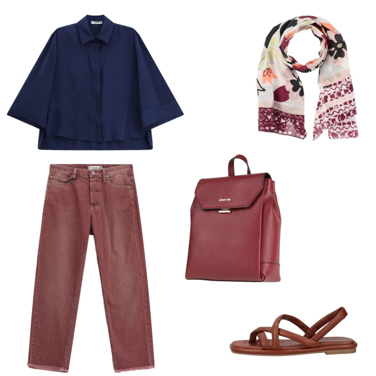 Outfit donna - Ferragosto in città. Abbinamento con ciabatte, zaini, sciarpe, jeans dritti, camicie.