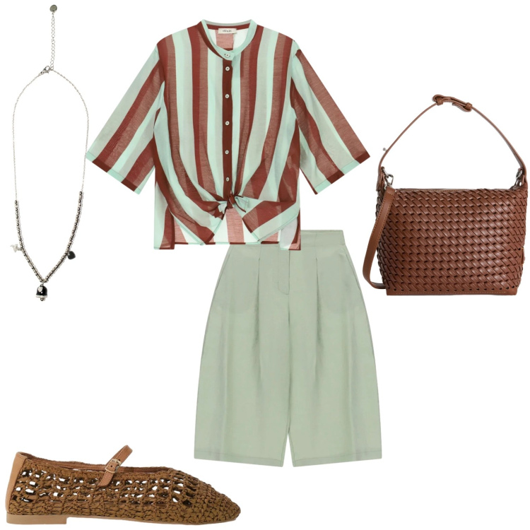 Outfit donna - Essenziale. Stile Trendy per Tutti i giorni. Abbinamento con borse a spalla, ballerine, shorts, camicie, ciondoli.