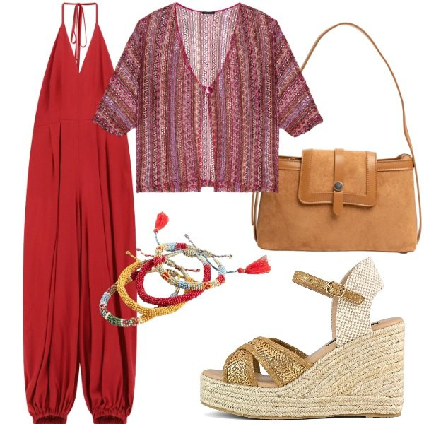 Outfit donna - Serata tra amici. Stile Casual chic per Serata fuori. Abbinamento con braccialetti, tute, kimono, borse a tracolla, zeppe.