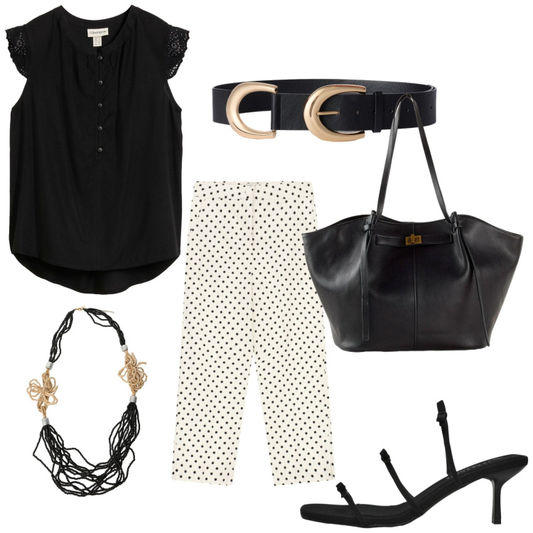 Outfit donna - Total look #2451885. Stile Romantica per Ufficio. Abbinamento con shopping bag, top, collane, pantaloni, cinture, sandali col tacco.