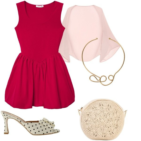 Outfit donna - Compleanno in villa. Stile Casual chic per Serata fuori. Abbinamento con borse a tracolla, vestiti corti, sandali col tacco, collane, blazer.