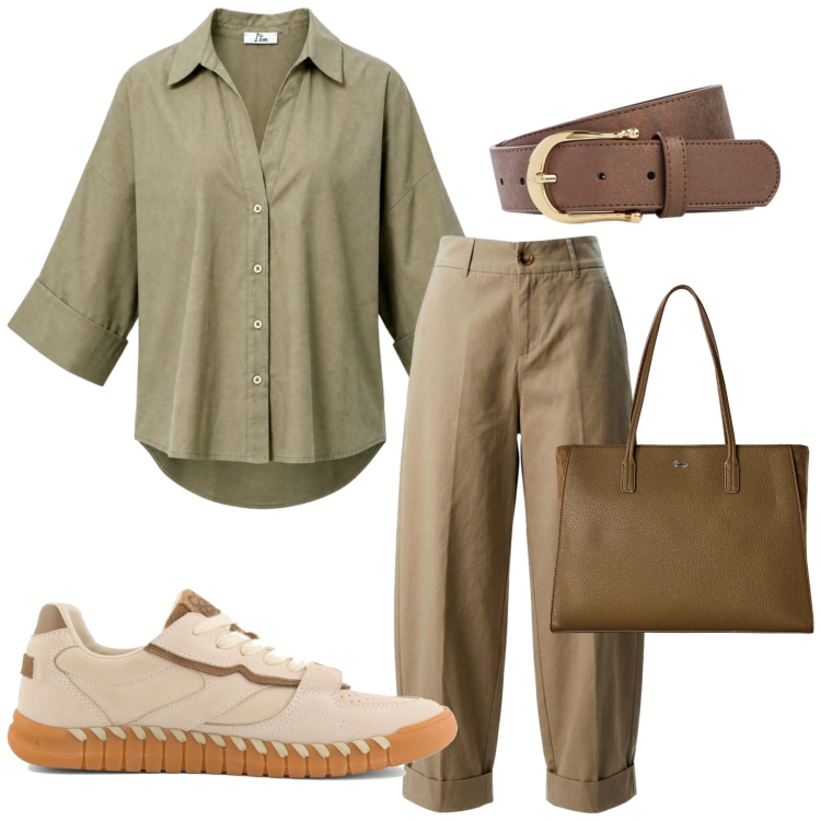 Outfit donna - Total look #2451887. Stile Urban per Tutti i giorni. Abbinamento con cinture, shopping bag, pantaloni, camicie, sneakers.
