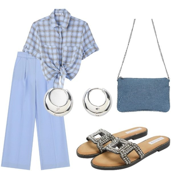 Outfit donna - Estate. Stile Casual per Tutti i giorni. Abbinamento con orecchini, pantaloni a palazzo, borse a tracolla, ciabatte, camicie a manica corta.