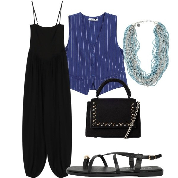 Outfit donna - A cena fuori. Stile Casual chic per Serata fuori. Abbinamento con tute, collane, sandali, borse a tracolla, gilet.