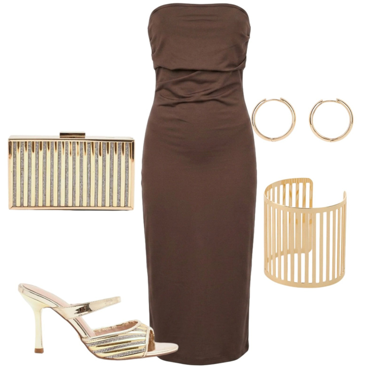 Outfit donna - Serata di Ferragosto. Stile Glamour per Serata fuori. Abbinamento con orecchini, braccialetti, sabot, clutch, vestiti midi/longuette.