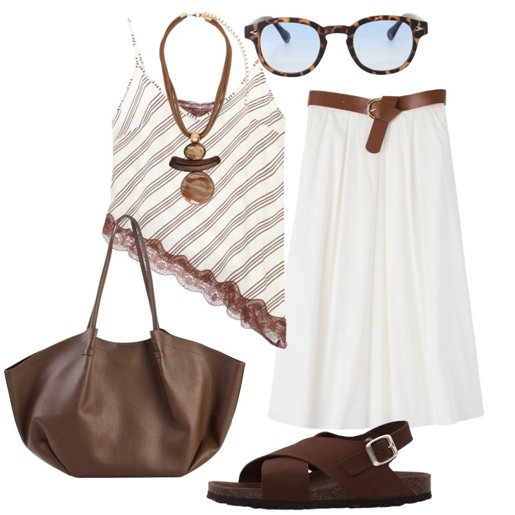 Outfit donna - Chic essenziale. Stile Chic per Tutti i giorni. Abbinamento con shopping bag, sandali in pelle, gonne longuette, top, occhiali da sole, ciondoli.