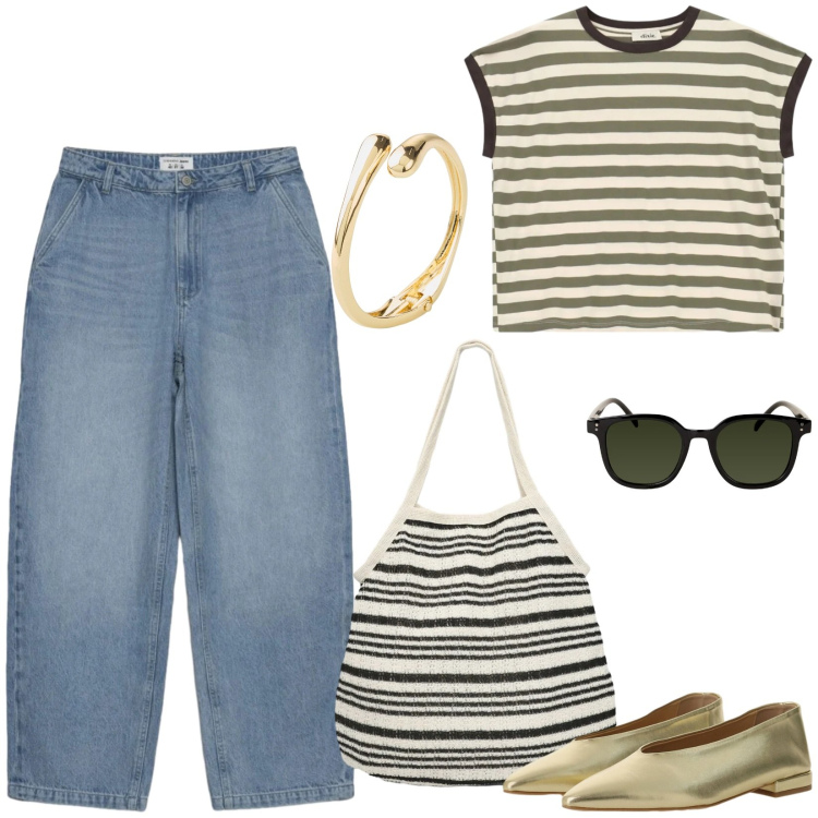 Outfit donna - Total look #2451896. Stile Casual per Ufficio. Abbinamento con braccialetti, ballerine, t-shirt, jeans dritti, shopping bag, occhiali da sole.