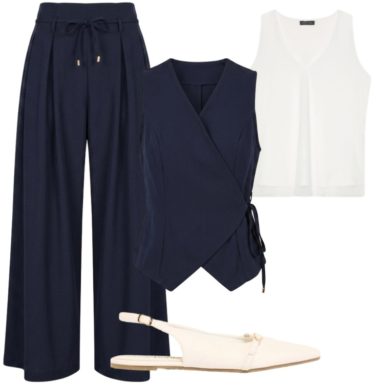 Outfit donna - Il blu di Nunalie. Stile Chic per Ufficio. Abbinamento con ballerine, top, pantaloni a palazzo, gilet.