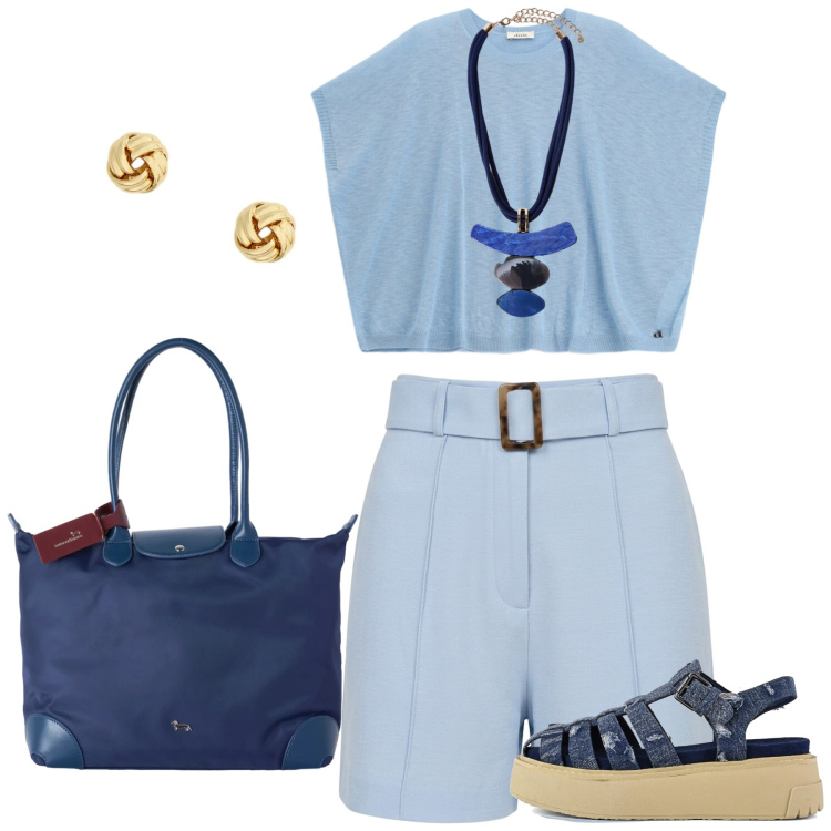 Outfit donna - Città d\'arte e musei. Stile Sporty chic per Tutti i giorni. Abbinamento con shopping bag, t-shirt, ciondoli, shorts, orecchini, sandali.