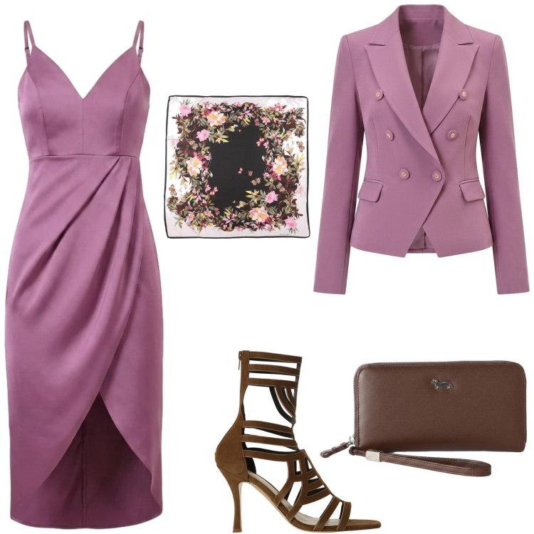 Outfit donna - Total look #2451905. Stile Chic per Serata fuori. Abbinamento con sciarpe, portafogli, sandali col tacco, vestiti asimmetrici, blazer.
