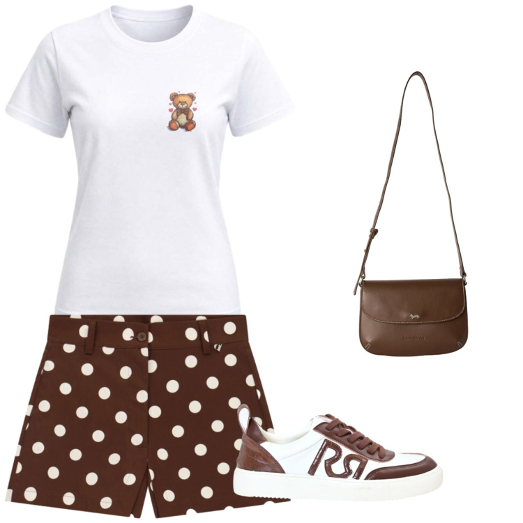 Outfit donna - Agosto con i pois. Stile Minimal per Tutti i giorni. Abbinamento con borse a tracolla, shorts, t-shirt, sneakers.