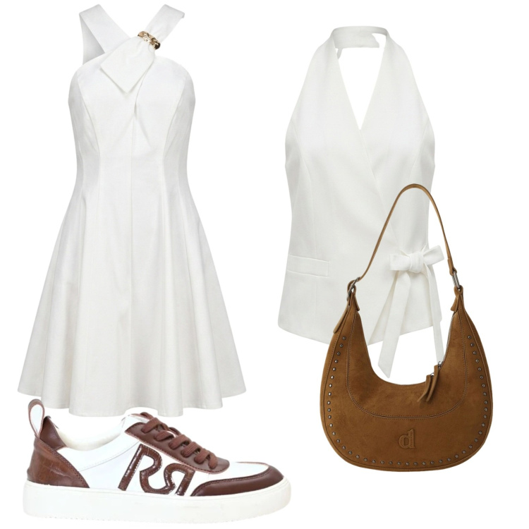 Outfit donna - Aperitivo vista mare. Stile Casual per Tutti i giorni. Abbinamento con borse a spalla, vestiti corti, gilet, sneakers.