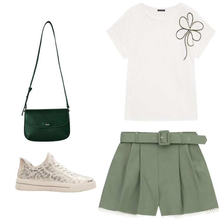 Outfit donna - Agosto. Stile Casual chic per Tutti i giorni. Abbinamento con sneakers, shorts, borse a tracolla, t-shirt.
