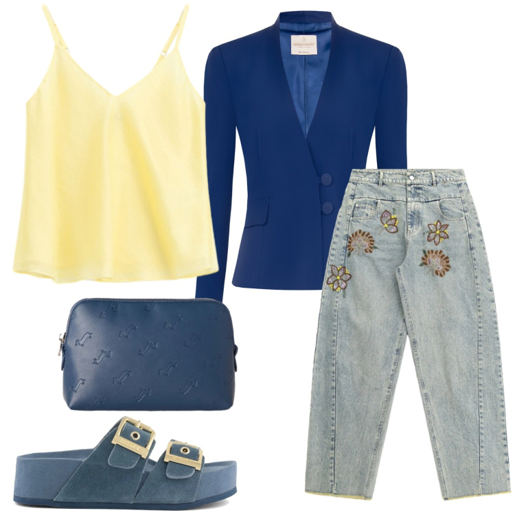 Outfit donna - Denim ricamato. Stile Casual per Scuola/Università. Abbinamento con pochette, jeans, top, blazer, ciabatte.