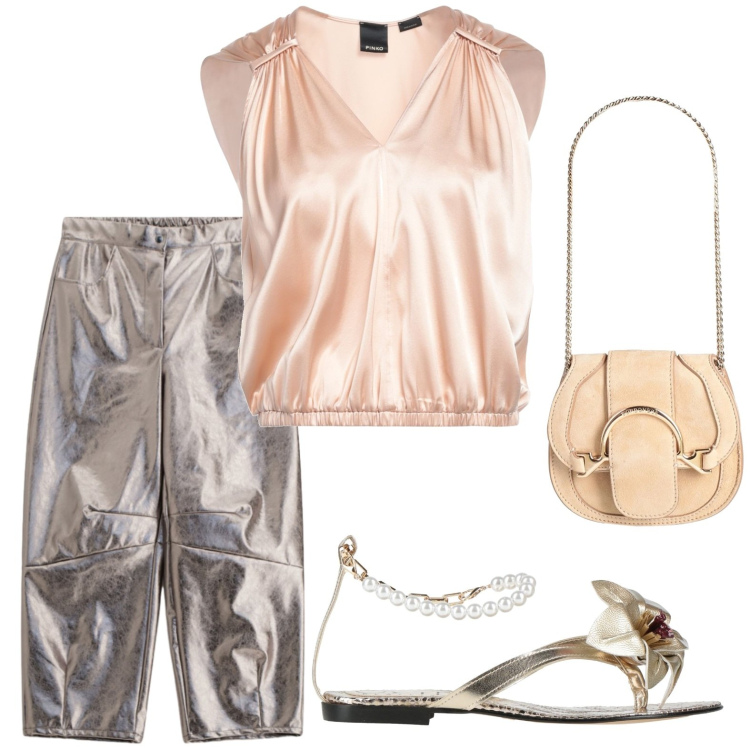 Outfit donna - Cena vista mare. Stile Casual per Tutti i giorni. Abbinamento con marsupi, top, ciabatte, pantaloni a palazzo.