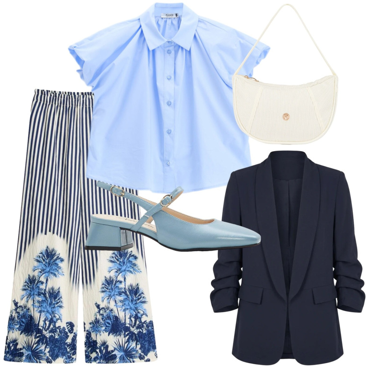 Outfit donna - Pantaloni oasi. Stile Etnico per Tutti i giorni. Abbinamento con décolleté, pantaloni a palazzo, borse a mano, camicie a manica corta, blazer.