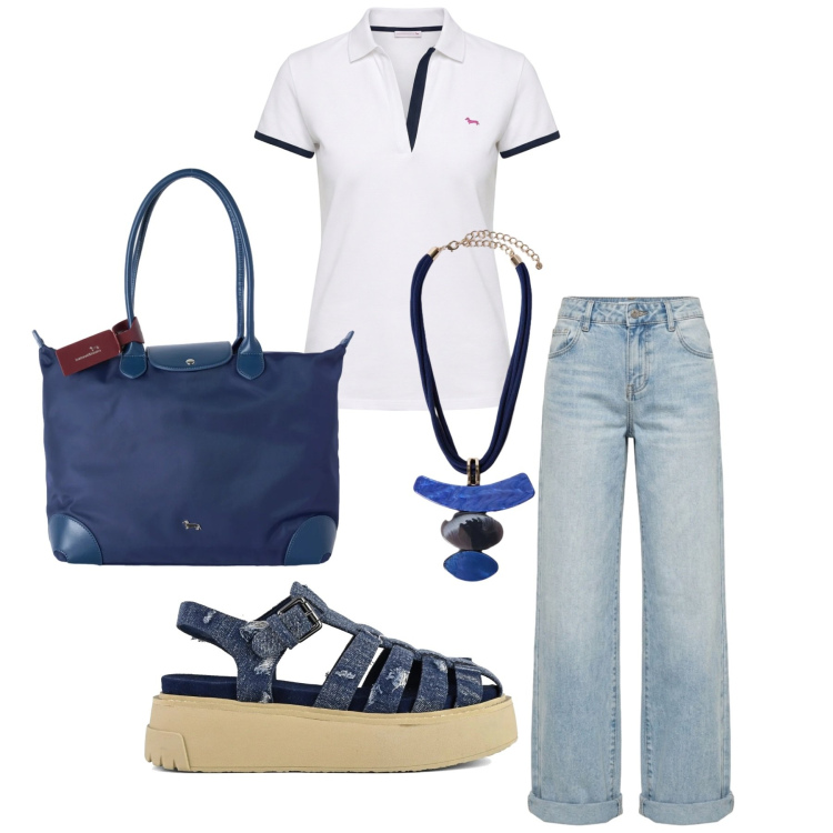 Outfit donna - Total look #2451915. Stile Casual per Tutti i giorni. Abbinamento con polo, shopping bag, ciondoli, jeans, sandali.