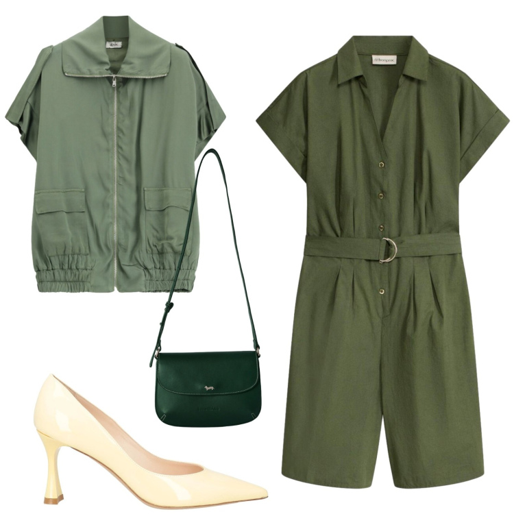 Outfit donna - Semplice e cool. Stile Trendy per Tutti i giorni. Abbinamento con décolleté, tuta corta, borse a tracolla, gilet.