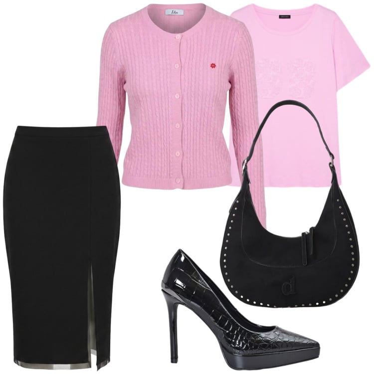Outfit donna - Bon ton moderno. Stile Bon Ton per Ufficio. Abbinamento con borse a spalla, cardigans, gonne longuette, décolleté, t-shirt.