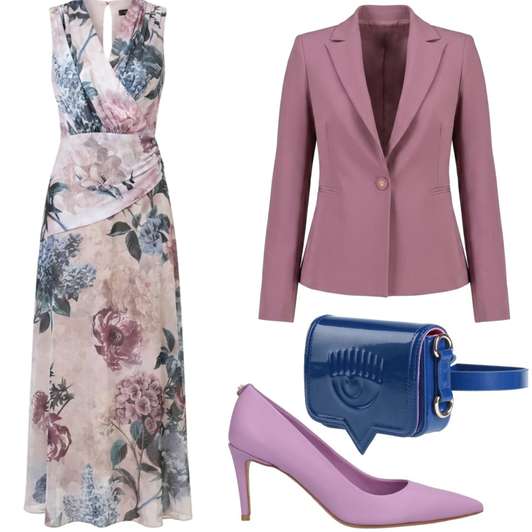 Outfit donna - Romantico floreale. Stile Glamour per Cerimonia. Abbinamento con marsupi, décolleté, vestiti lunghi, blazer.