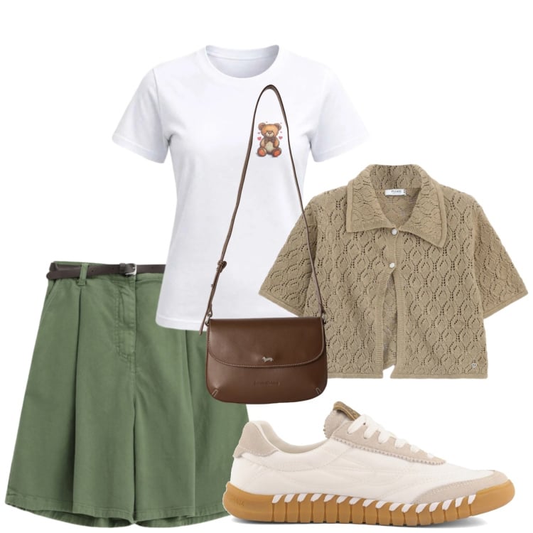 Outfit donna - Total look #2451919. Stile Urban per Sport. Abbinamento con t-shirt, shorts, maglieria, borse a tracolla, sneakers.
