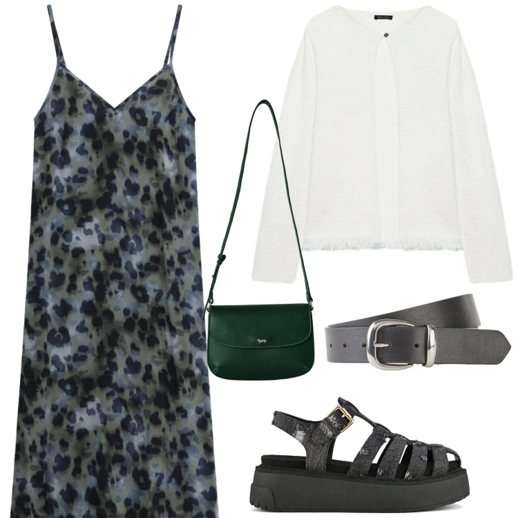 Outfit donna - Stampa maculata. Stile Basic per Tutti i giorni. Abbinamento con cinture, vestiti midi/longuette, borse a tracolla, cardigans, sandali.