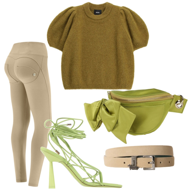 Outfit donna - Golfino senape. Stile Casual per Tutti i giorni. Abbinamento con marsupi, ciabatte, cinture, pullovers, pantaloni skinny.