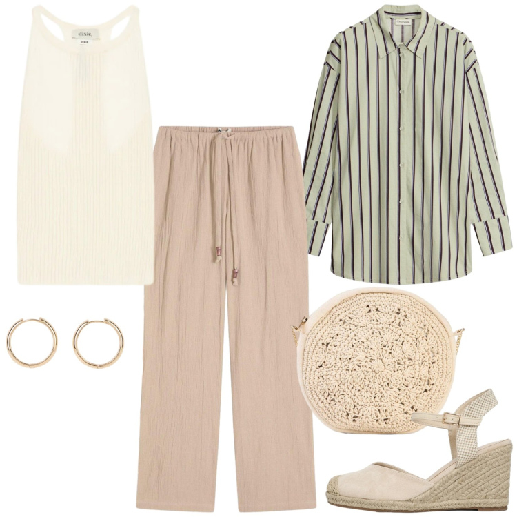 Outfit donna - La camicia indossata aperta. Stile Basic per Tutti i giorni. Abbinamento con orecchini, pantaloni, camicie, borse a tracolla, top, zeppe.