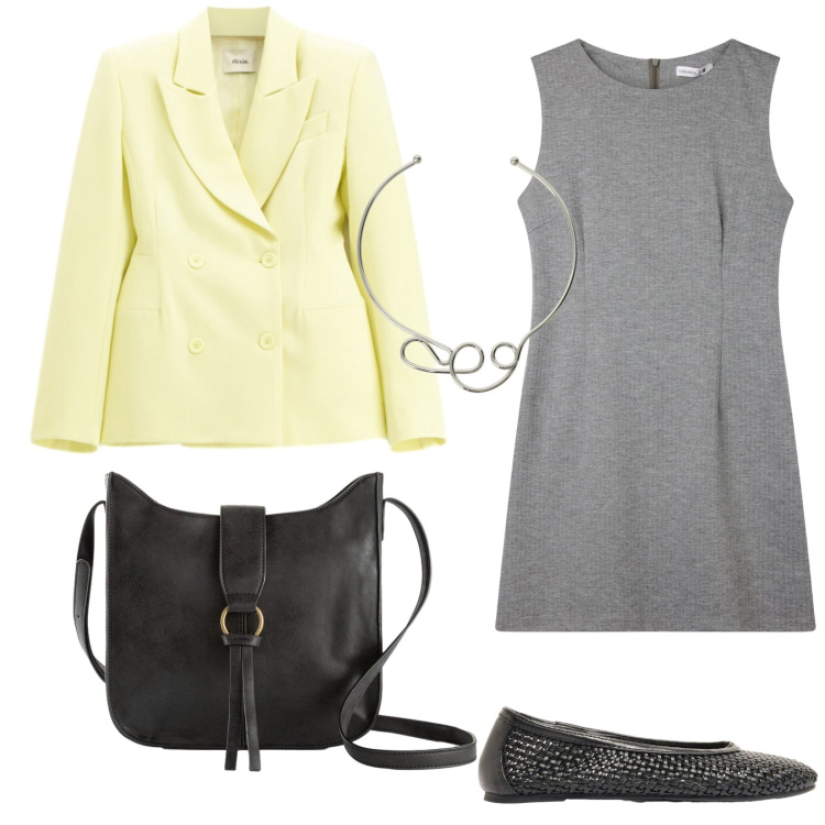 Outfit donna - Professionale chic. Stile Bon Ton per Ufficio. Abbinamento con ballerine, borse a tracolla, vestiti senza maniche, collane, blazer.