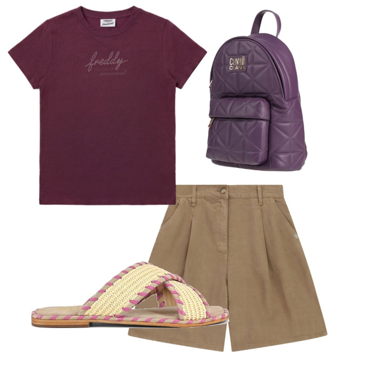 Outfit donna - Malva. Stile Casual per Tutti i giorni. Abbinamento con zaini, bermuda, t-shirt, ciabatte.