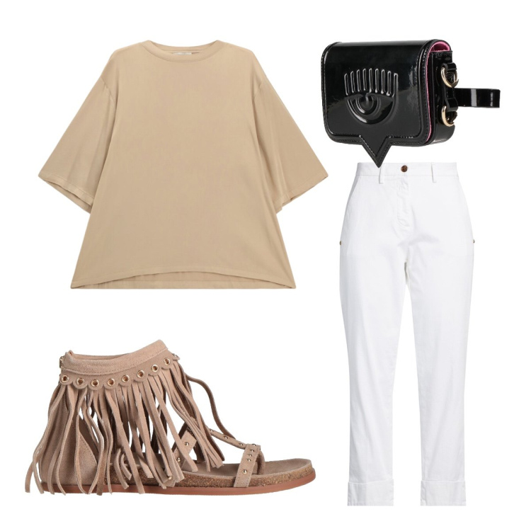 Outfit donna - Agosto. Stile Trendy per Serata fuori. Abbinamento con pantaloni, marsupi, infradito, t-shirt.