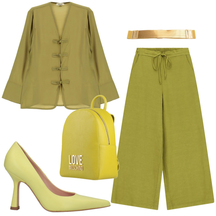 Outfit donna - Unicolor. Stile Casual chic per Tutti i giorni. Abbinamento con décolleté, zaini, camicie, pantaloni a palazzo, cinture.